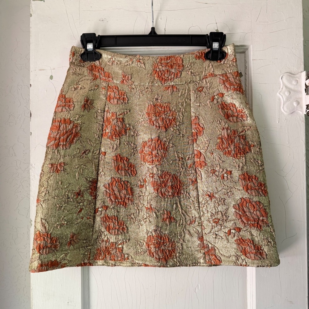 Maeve Anthropologie Gold Orange Floral Brocade Mini Skirt Size 4 Metallic Lurex